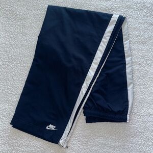 NIKE track pants ankle zipper navy white stripe drawstring elastic waist mens L